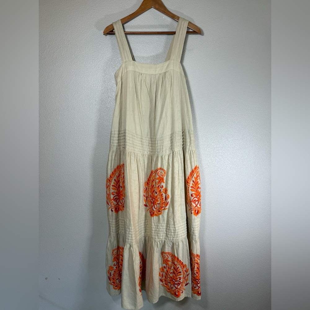 Anthropologie felicity embroidered maxi dress oatmeal and Orange S M - Picture 3 of 11